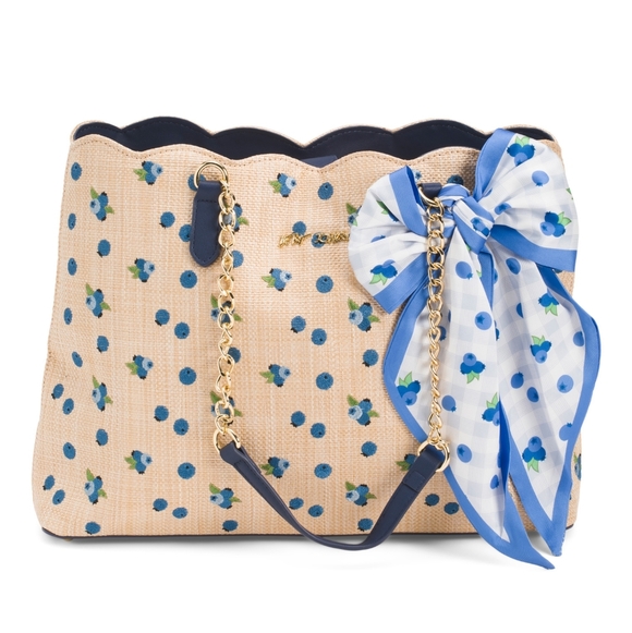Betsey Johnson Handbags - Betsey Johnson Beige and Blue Floral Scallop-Top Tote with Bow Scarf